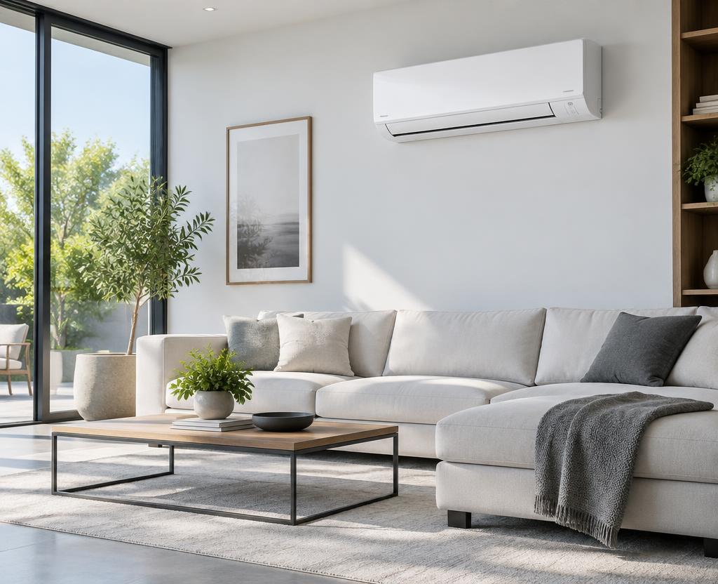 Salón con equipo de aire acondicionado instalado en la pared